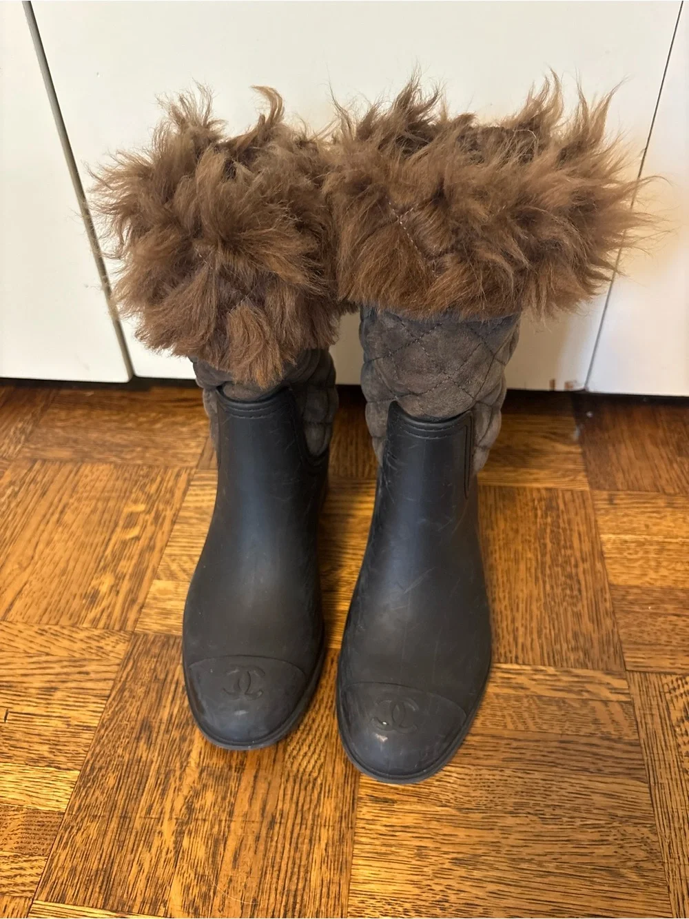 CHANEL Black Rubber and Brown Faux Fur Winter Rain Boots